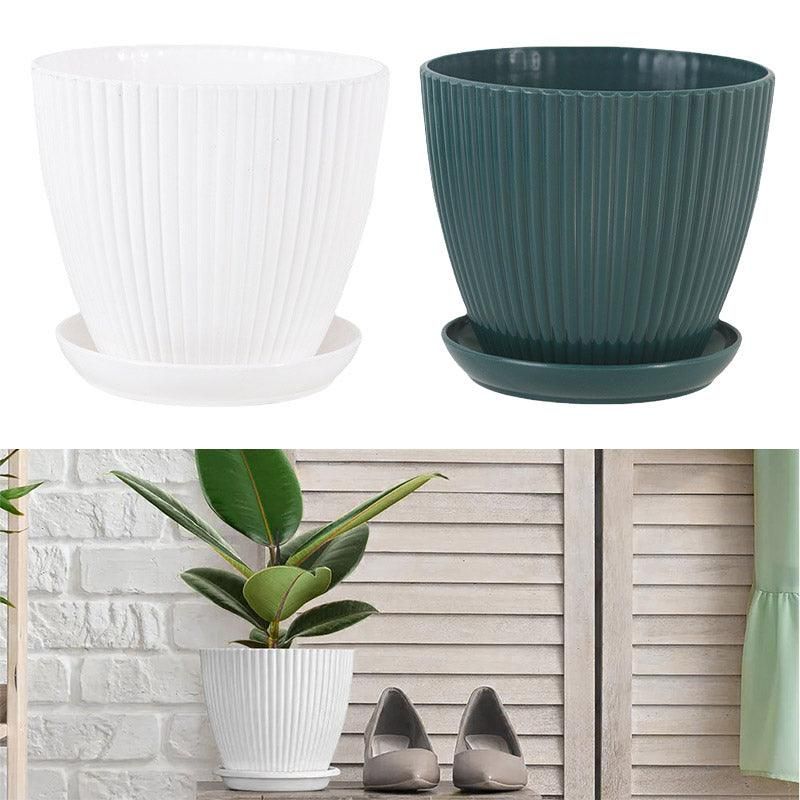 6PCS Simple Plastic Round Plant Pots Vertical Stripes Flower Pot Green Gardening - Green