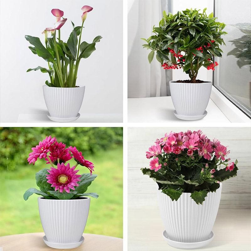 6PCS Simple Plastic Round Plant Pots Vertical Stripes Flower Pot Green Gardening - White