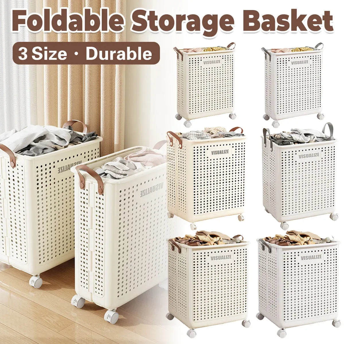 Folding Portable Laundry Basket Multifunctional Storage for Bathroom Household - M-Beige