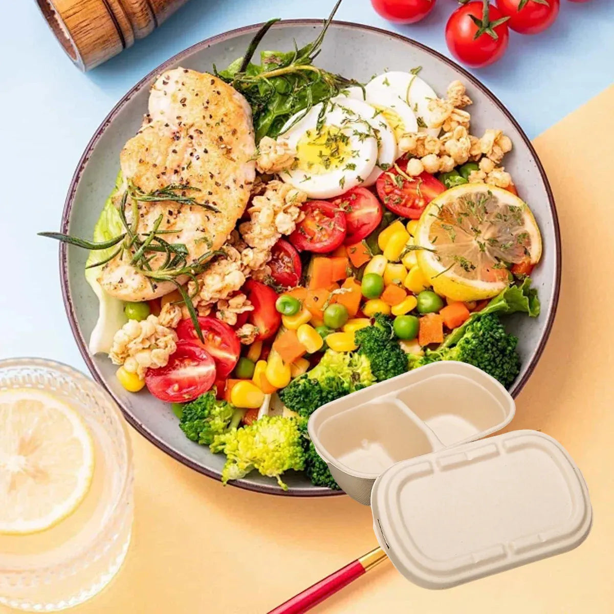 50PCS Disposable Two-Compartment Light Meal Salad Box with Lids Leakproof - 1000ml