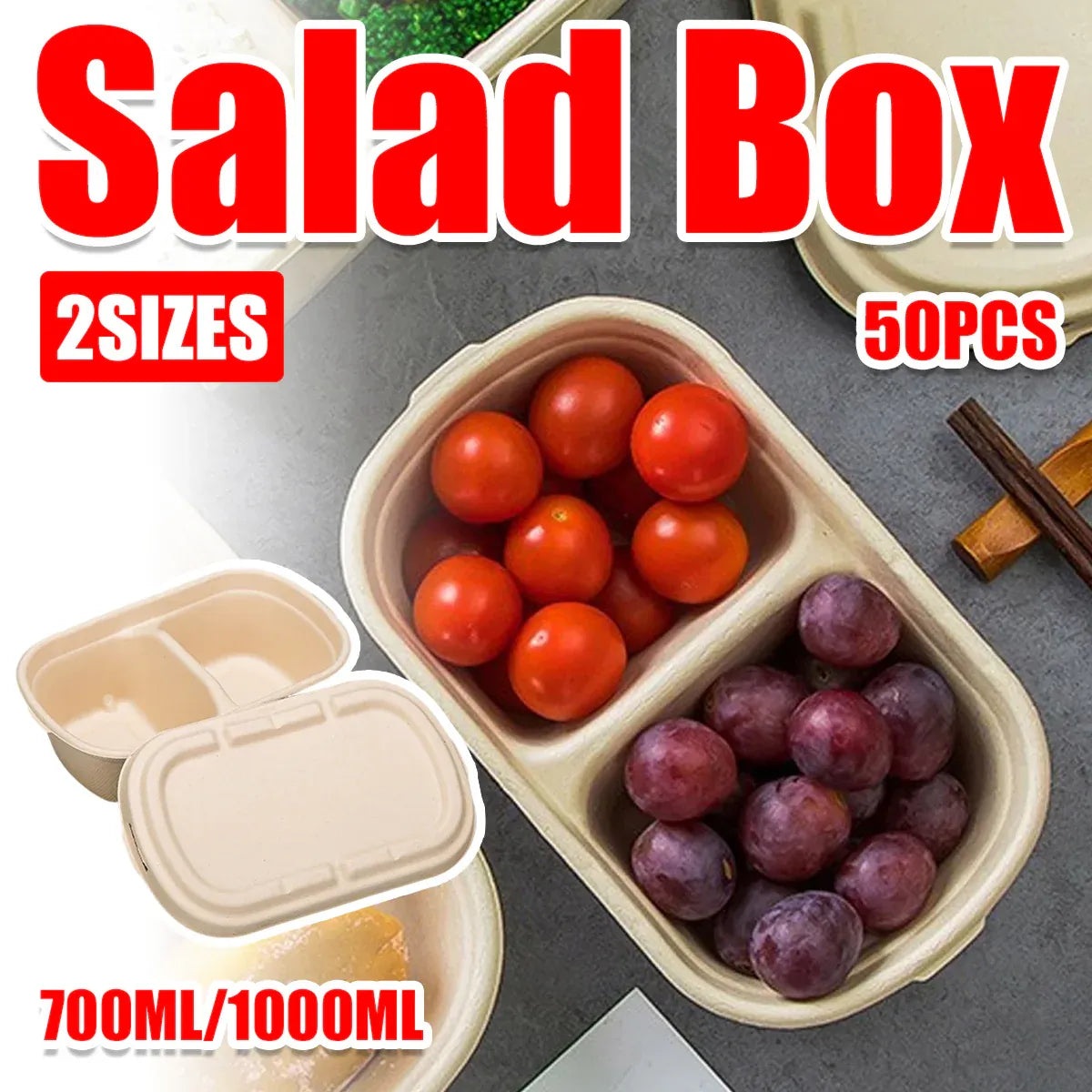 50PCS Disposable Two-Compartment Light Meal Salad Box with Lids Leakproof - 1000ml