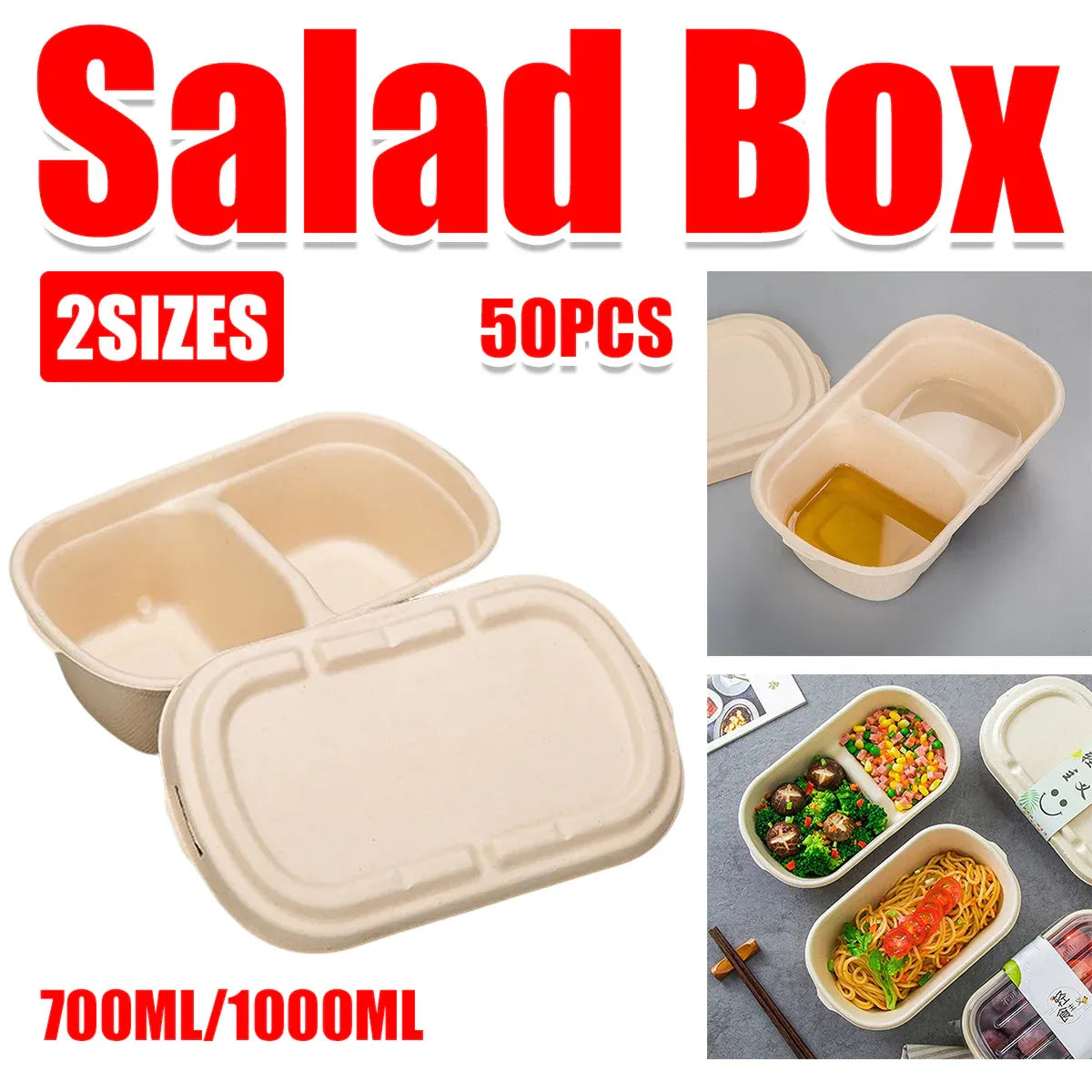 50PCS Disposable Two-Compartment Light Meal Salad Box with Lids Leakproof - 700ml