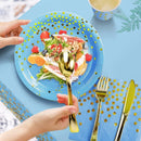 50-Pack Blue and Gold Polka Dot Disposable Paper Dessert Plates, 7 in