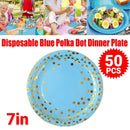 50-Pack Blue and Gold Polka Dot Disposable Paper Dessert Plates, 7 in
