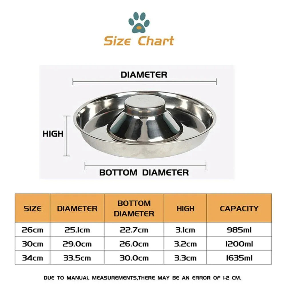 Stainless Steel Pet Bowl Slow Feeder Dish Puppy Dog Cat Food Feeding Weaning Bowl - L