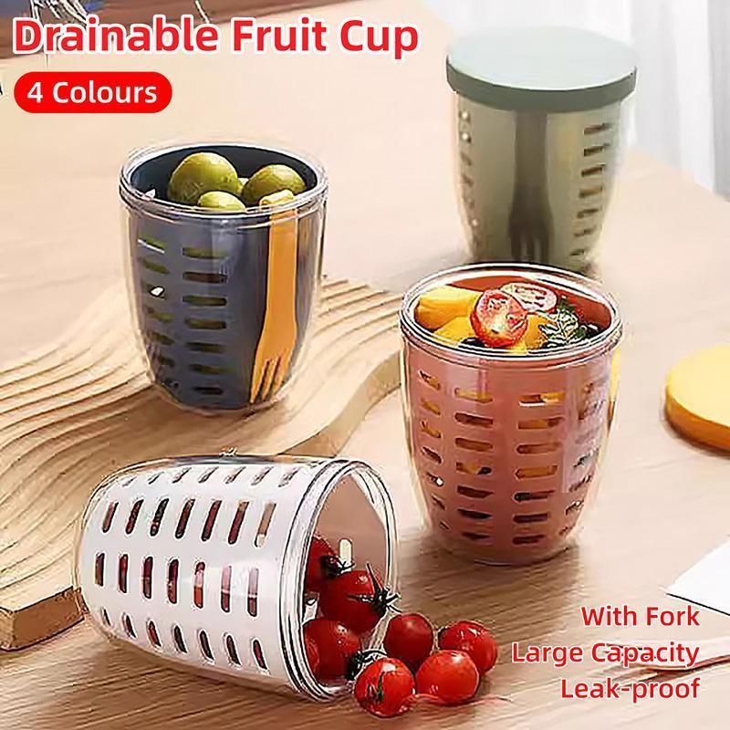 Portable Drainable Fruit Cup Plastic Sealed Cup for Snacks and Travel Use - White