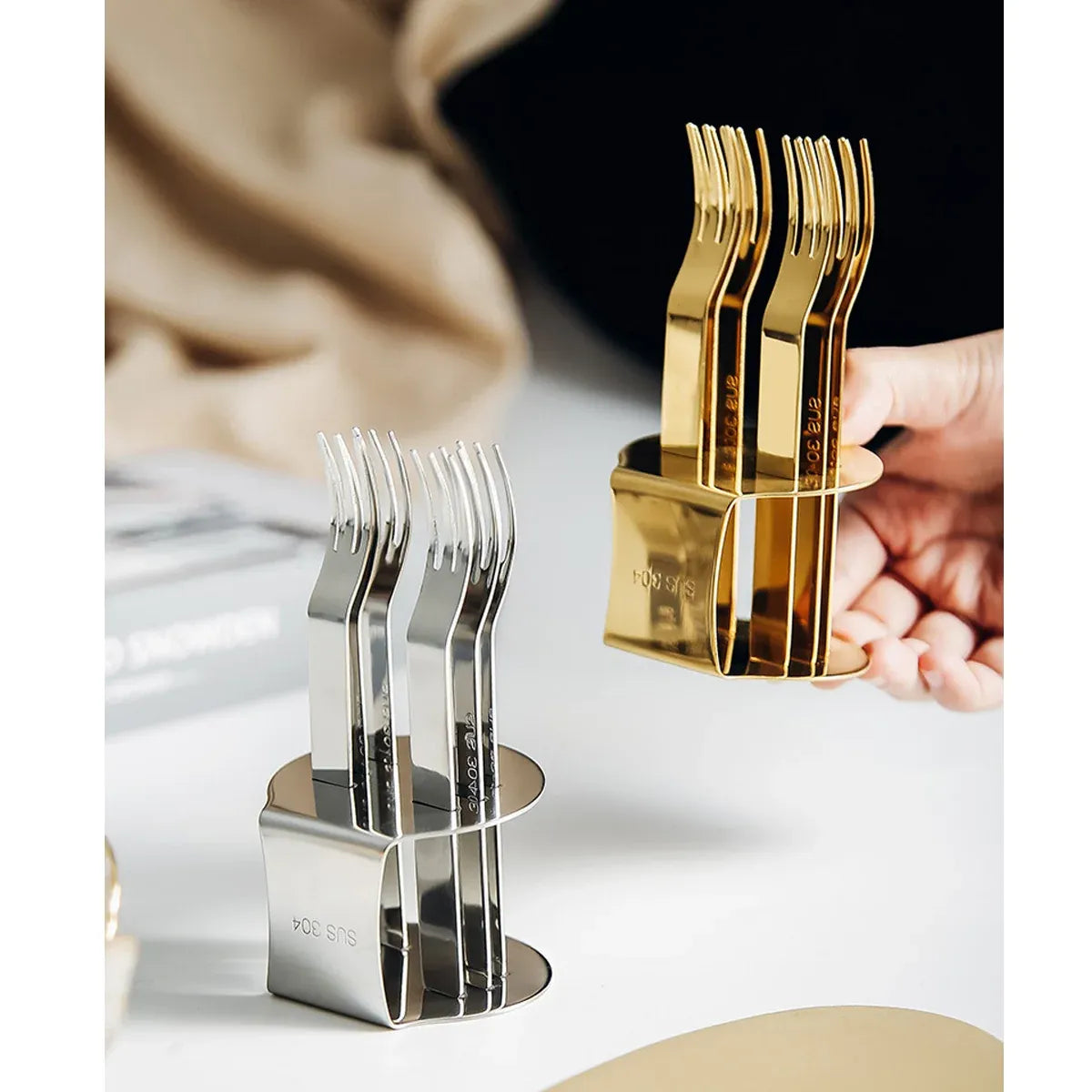 Elegant 304 Stainless Steel Fruit Forks Set of 6 For Home Dessert Cake Use - Silver