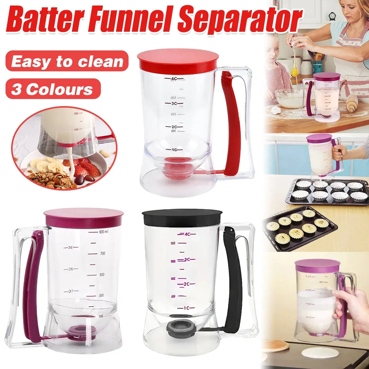 Batter Dispenser Measuring Cup Funnel Cake Cupcake Pancake Baking Tool - Red