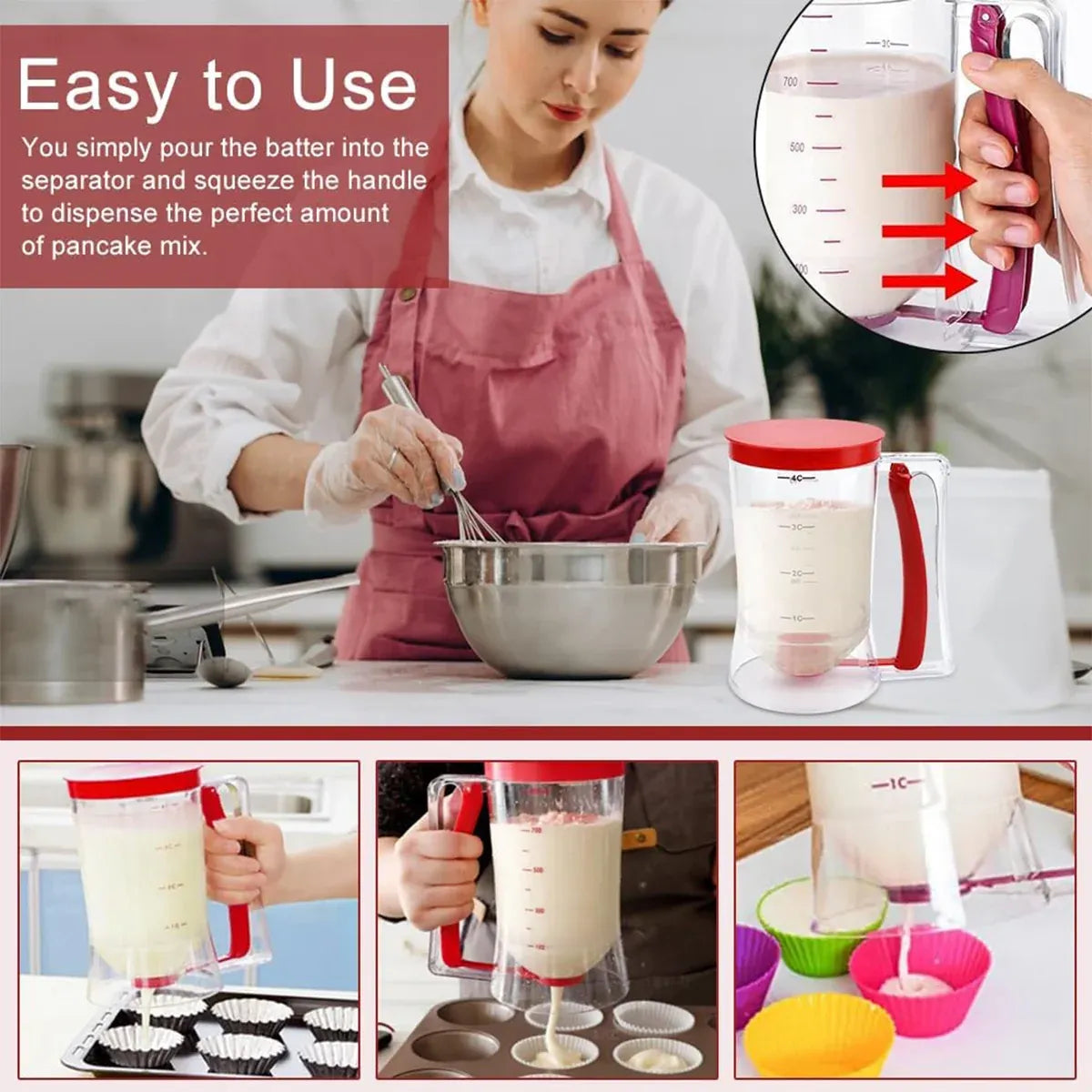 Batter Dispenser Measuring Cup Funnel Cake Cupcake Pancake Baking Tool - Red