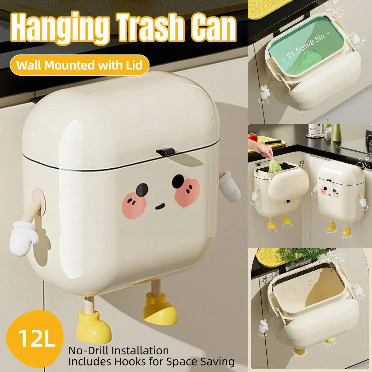 Large Waterproof Wall Mounted Rubbish Bin for Kitchen Bathroom Waste Storage
