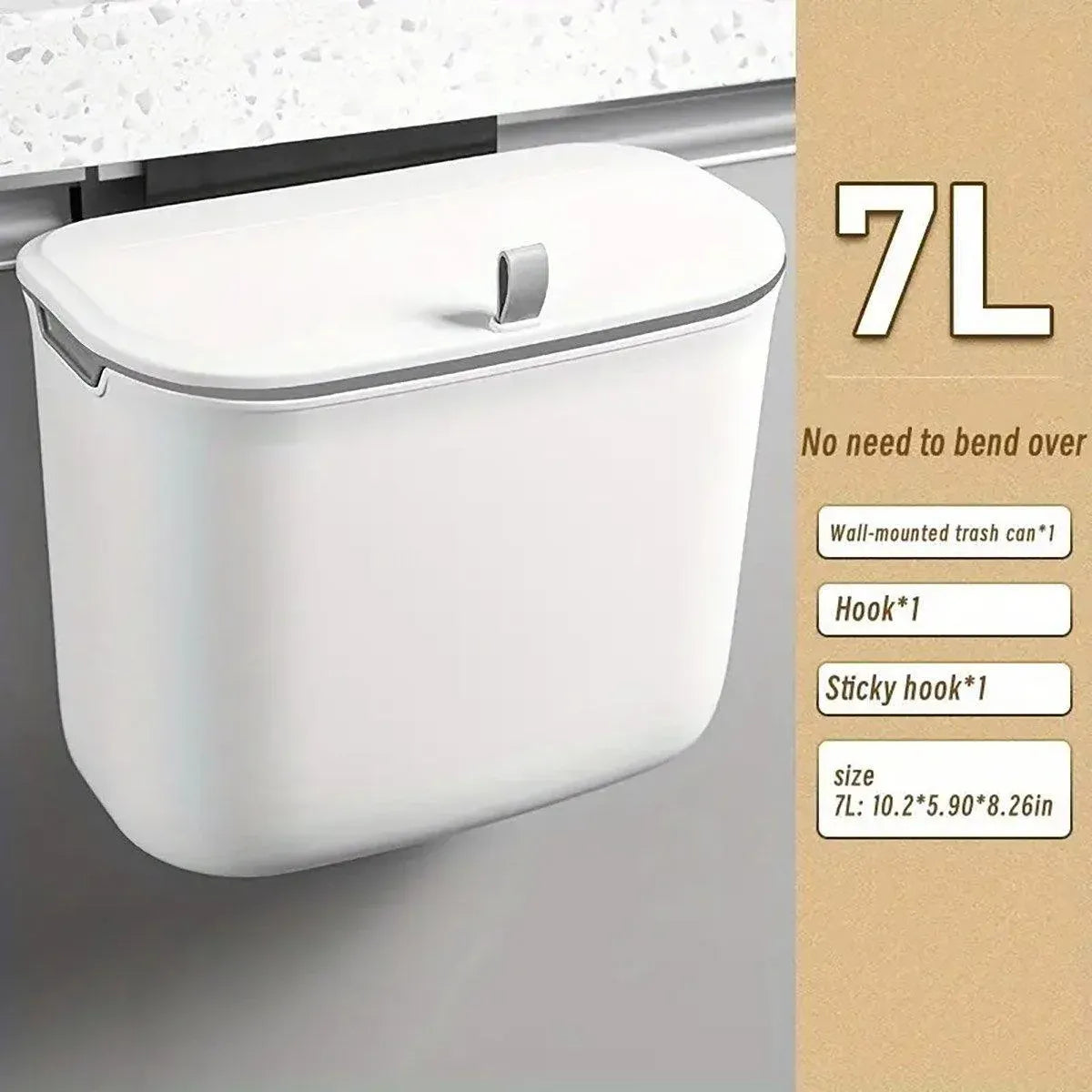 Wall Mounted Hanging Wastebasket with Sliding Lid for Kitchen and Bathroom Use - 9L