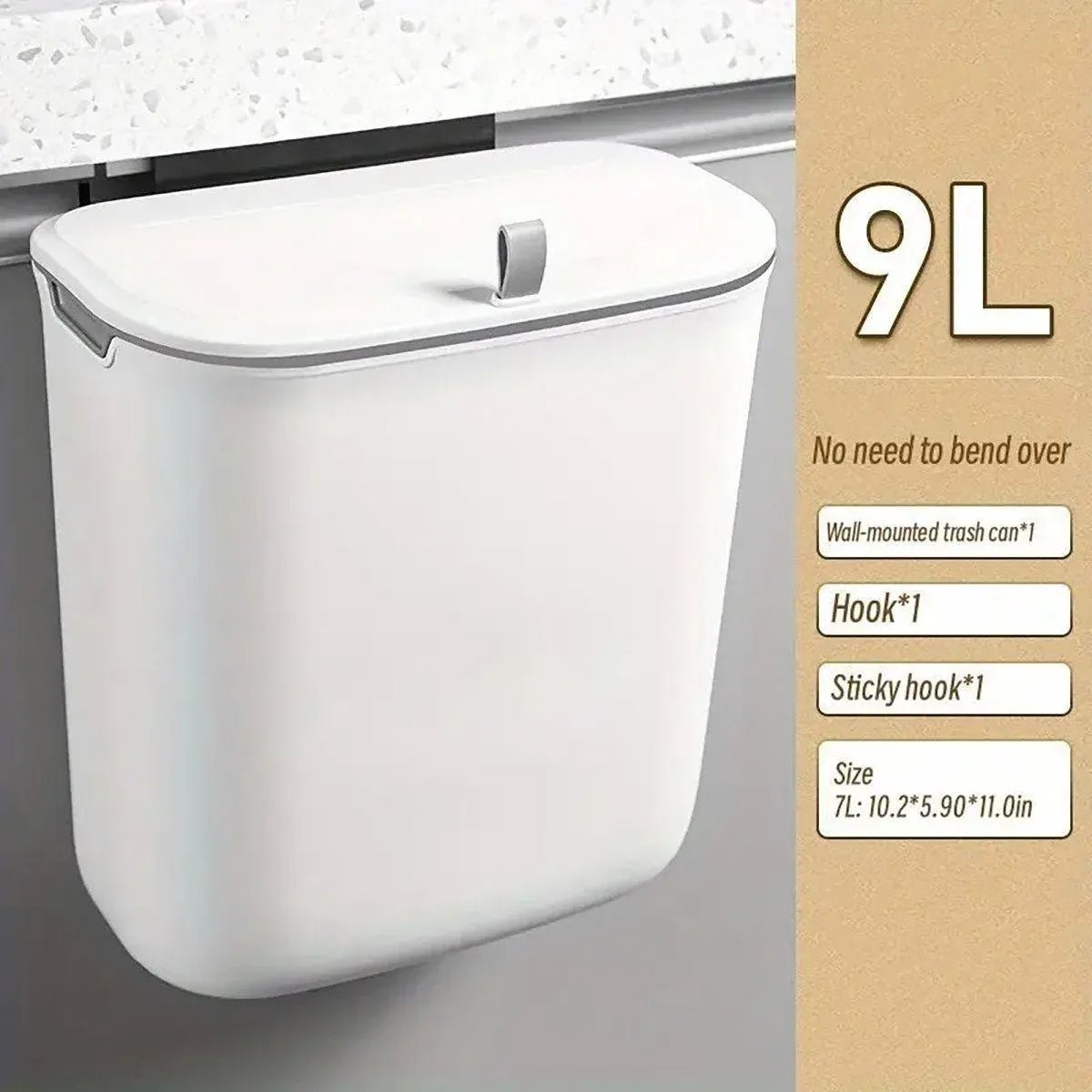 Wall Mounted Hanging Wastebasket with Sliding Lid for Kitchen and Bathroom Use - 9L