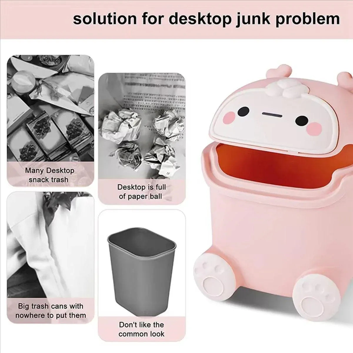Mini Monster Trash Can Desktop Flip Top Garbage Bin Small Plastic Waste Basket - Pink