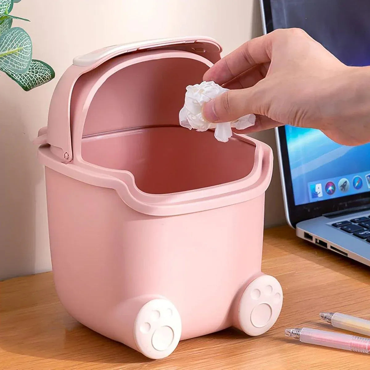 Mini Monster Trash Can Desktop Flip Top Garbage Bin Small Plastic Waste Basket - Pink