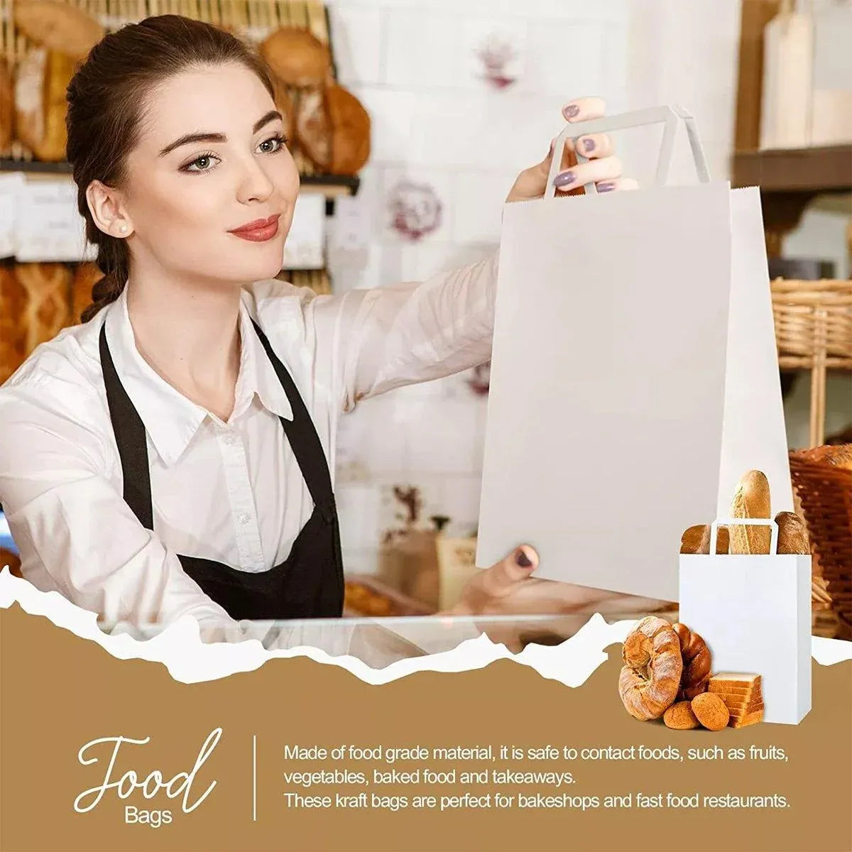 50pcs White Kraft Paper Tote Bags Gift Bags for Packaging Shopping and Storage
