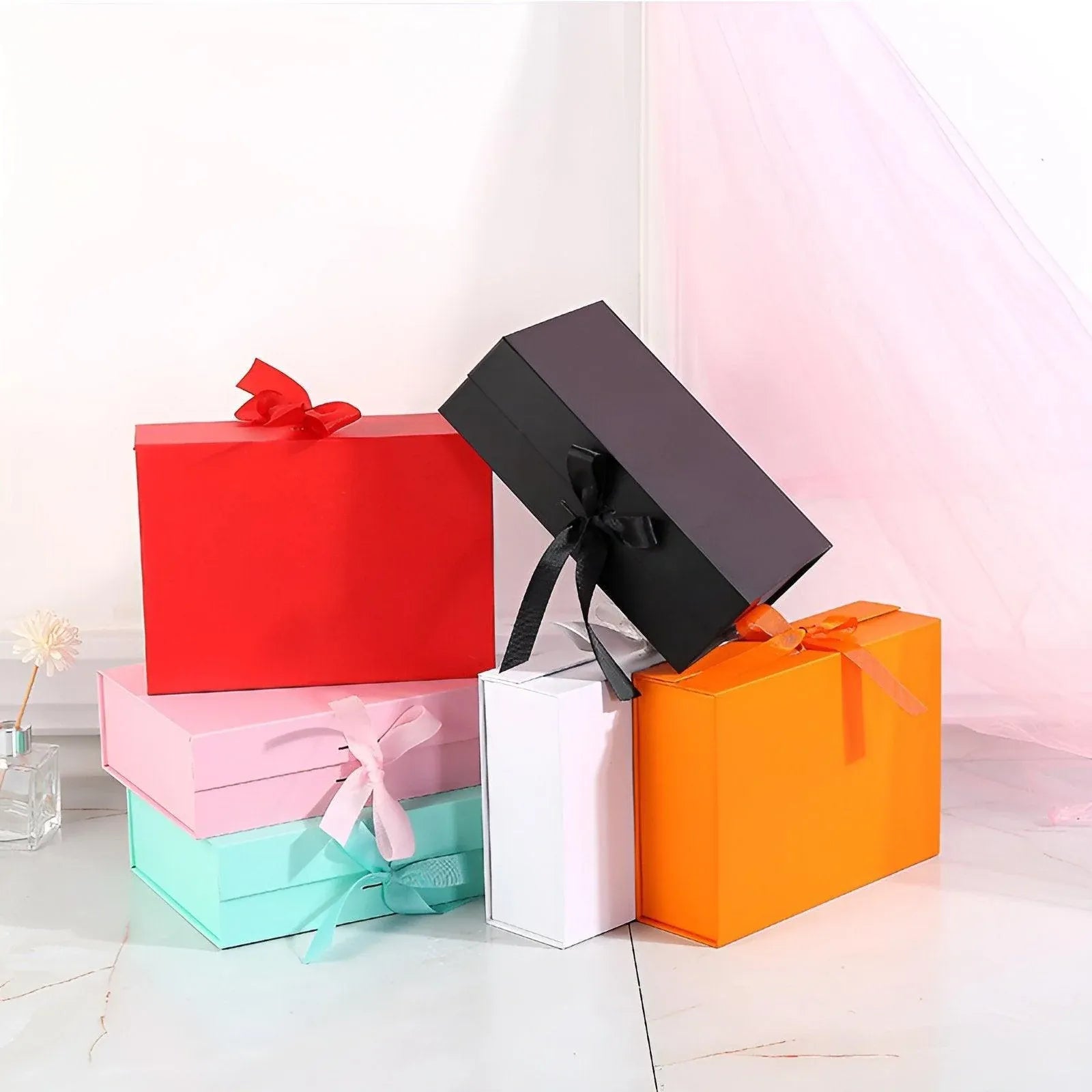 Elegant Ribbon Flip Folding Gift Boxes Multiple Colors High-Quality Cardboard - Black