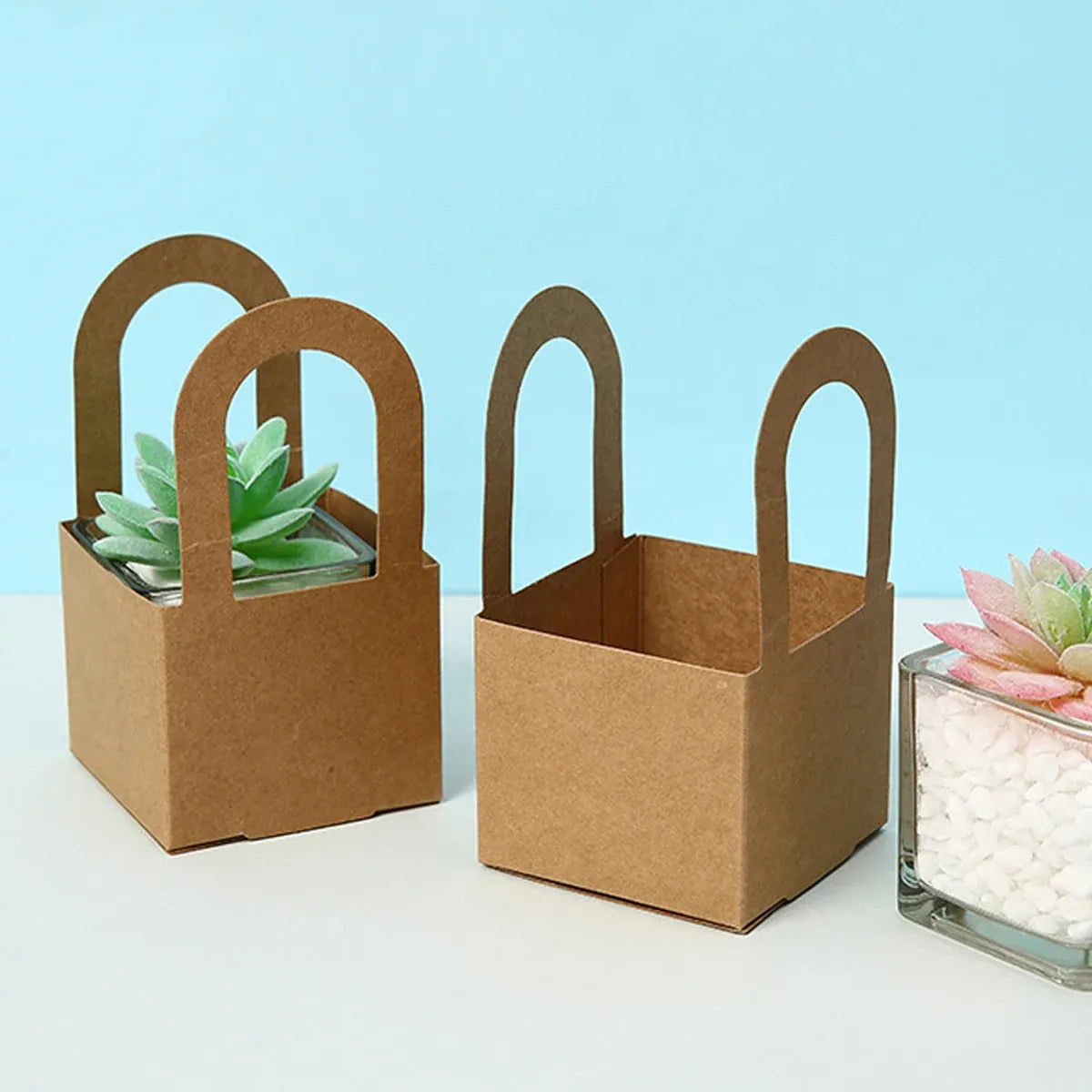 50 Pack Kraft Paper Gift Boxes with Handles Succulent Favour Boxes Party Packaging