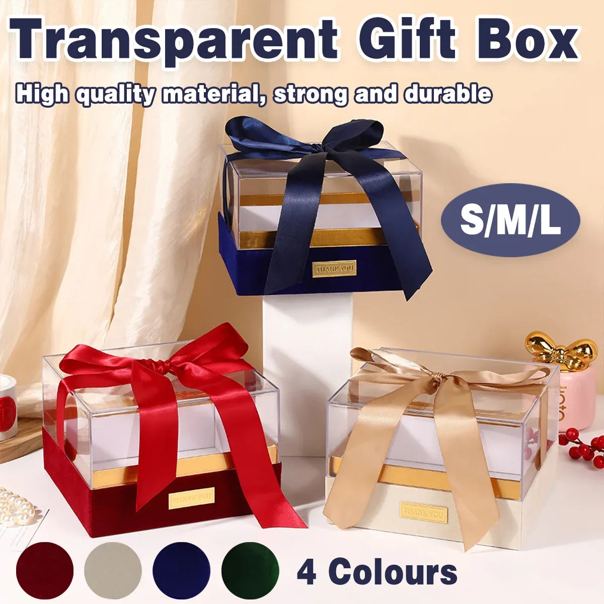Acrylic Gift Box Clear Souvenir Display Case Bow Storage Container for Packaging - Blue - L