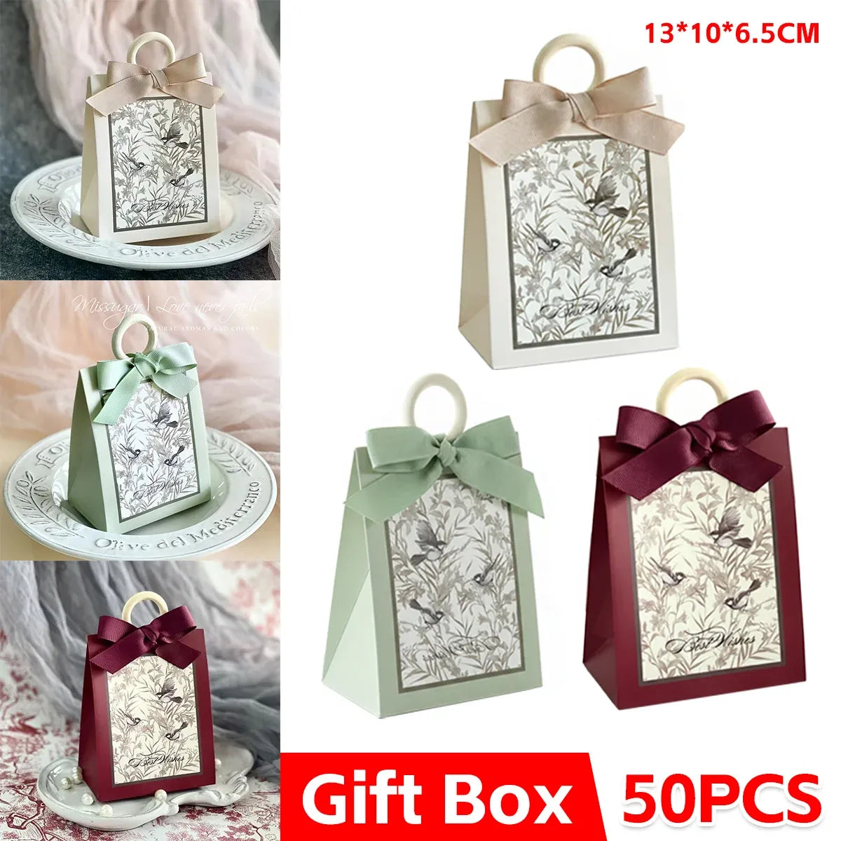 50PCS Gift Bags 3 Colours Aesthetic French Forest Theme Party Packing Bags - Wine Red