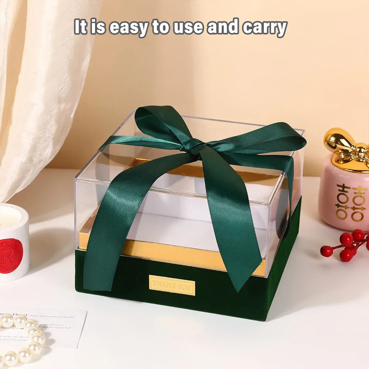 Acrylic Gift Box Clear Souvenir Display Case Bow Storage Container for Packaging - Green - L