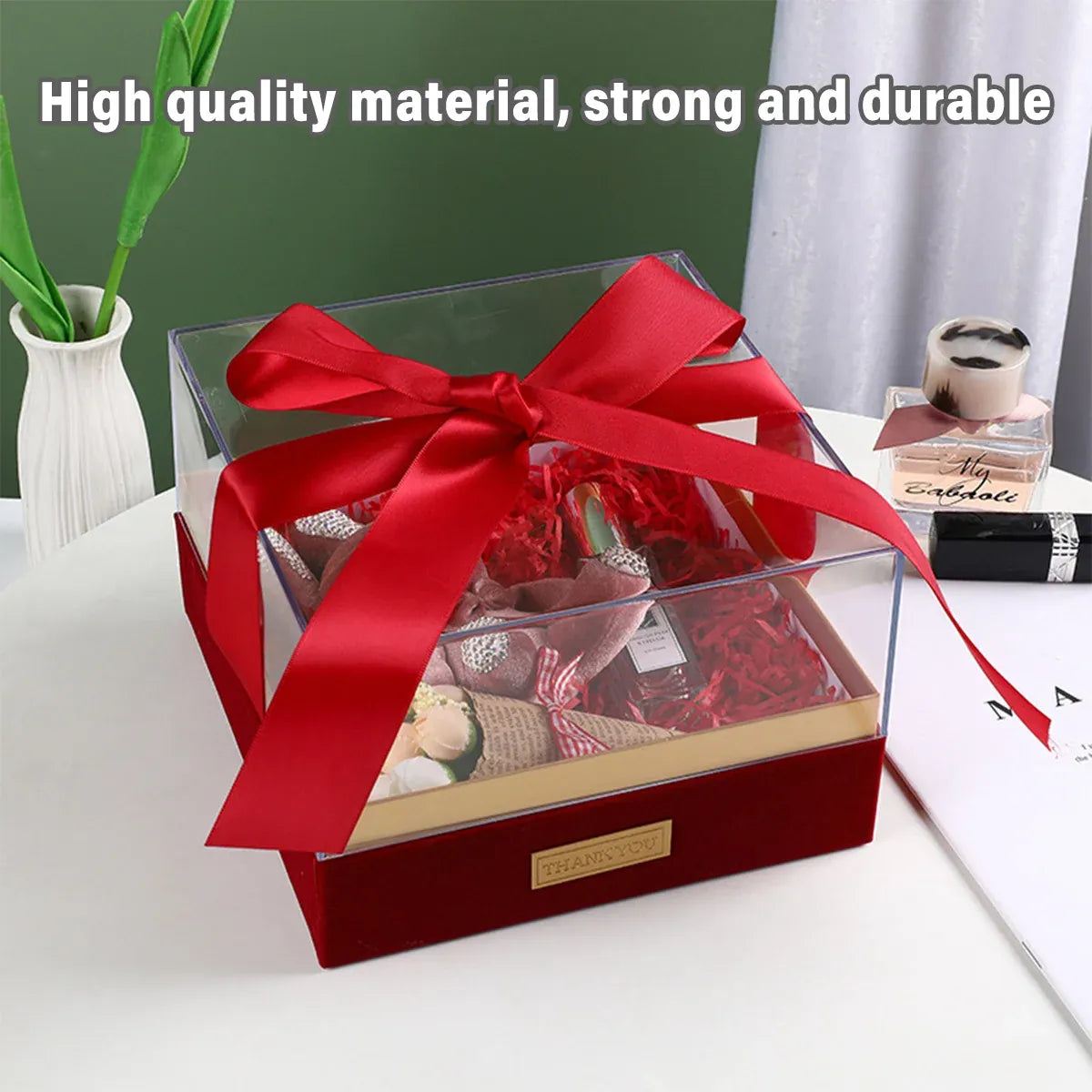 Acrylic Gift Box Clear Souvenir Display Case Bow Storage Container for Packaging - Green - L
