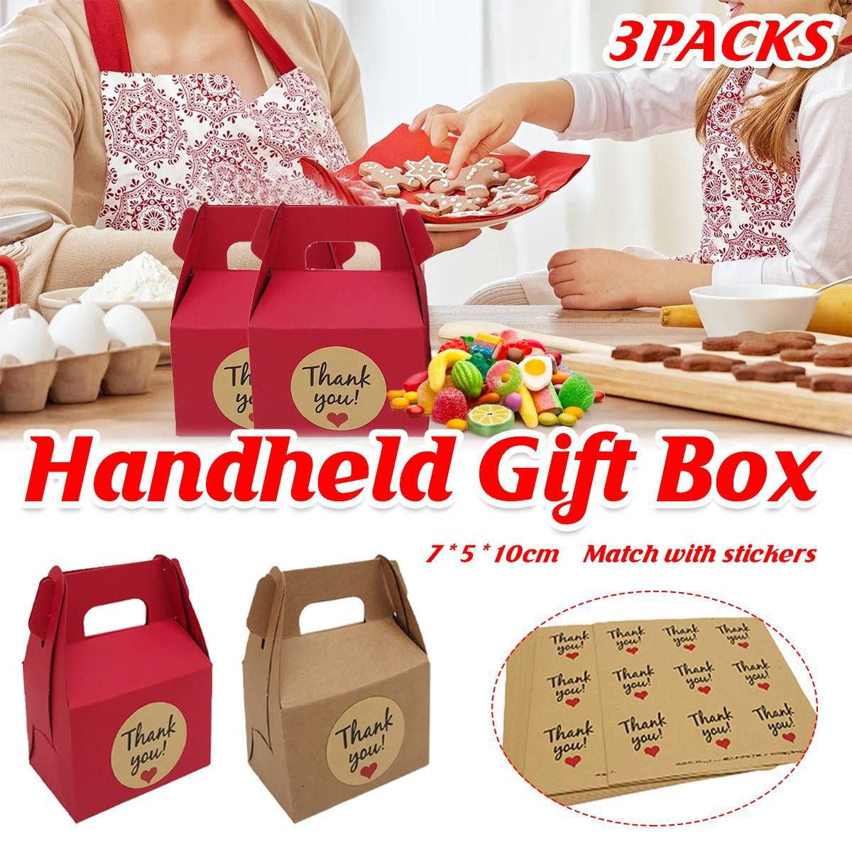3 Packs Handheld Kraft Paper Gift Boxes with Thank-you Stickers Party Favor Use - Kraft