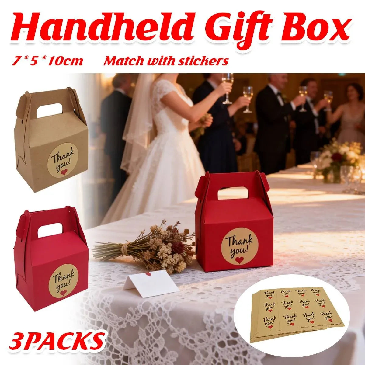 3 Packs Handheld Kraft Paper Gift Boxes with Thank-you Stickers Party Favor Use - Kraft