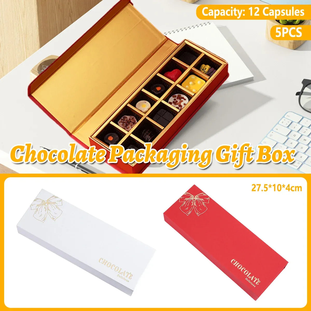 Chocolate Gift Box 5pcs Book Style Clamshell 12 Slot Hardbound Packaging Boxes - Red