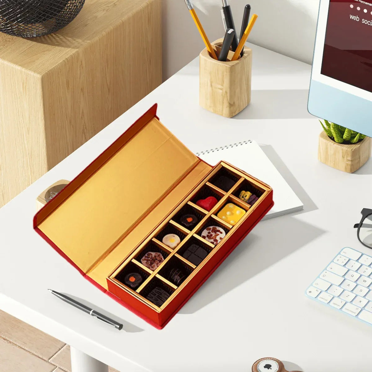 Chocolate Gift Box 5pcs Book Style Clamshell 12 Slot Hardbound Packaging Boxes - Red