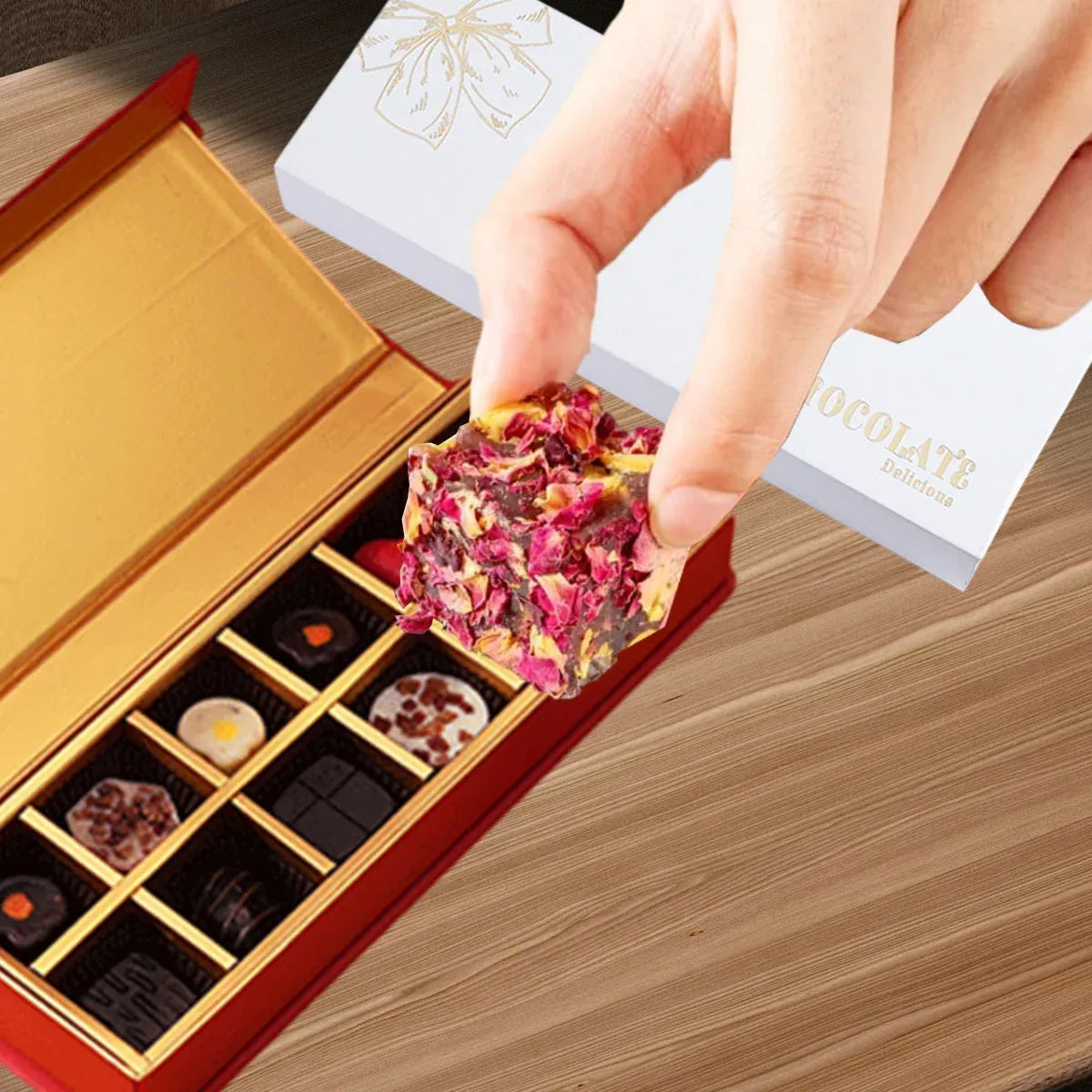 Chocolate Gift Box 5pcs Book Style Clamshell 12 Slot Hardbound Packaging Boxes - Red