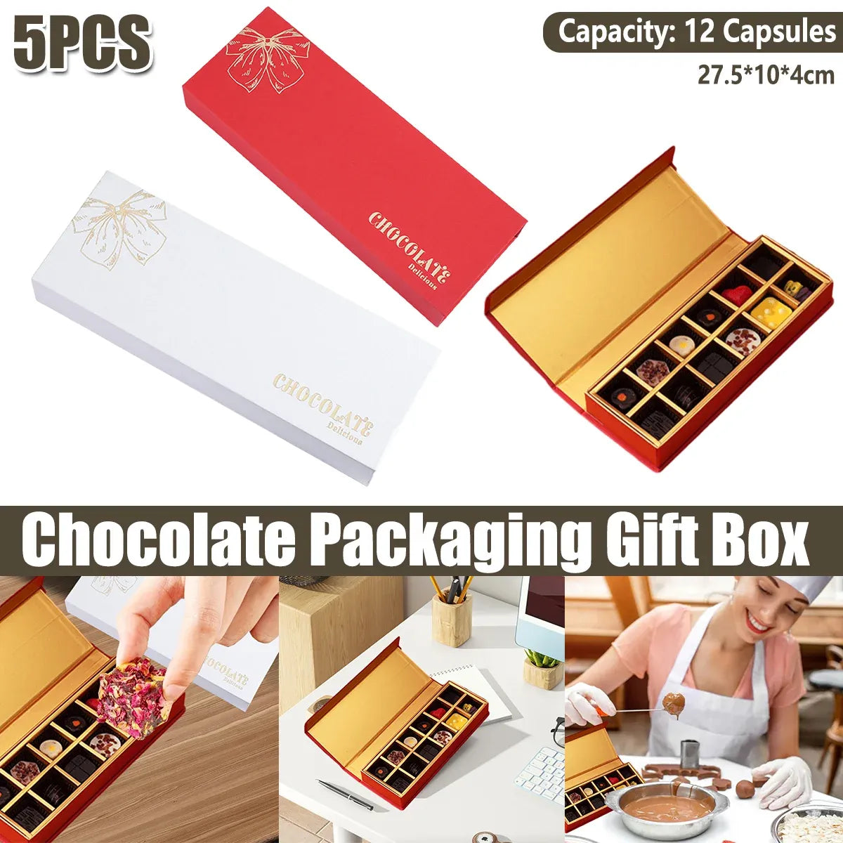 Chocolate Gift Box 5pcs Book Style Clamshell 12 Slot Hardbound Packaging Boxes - Red