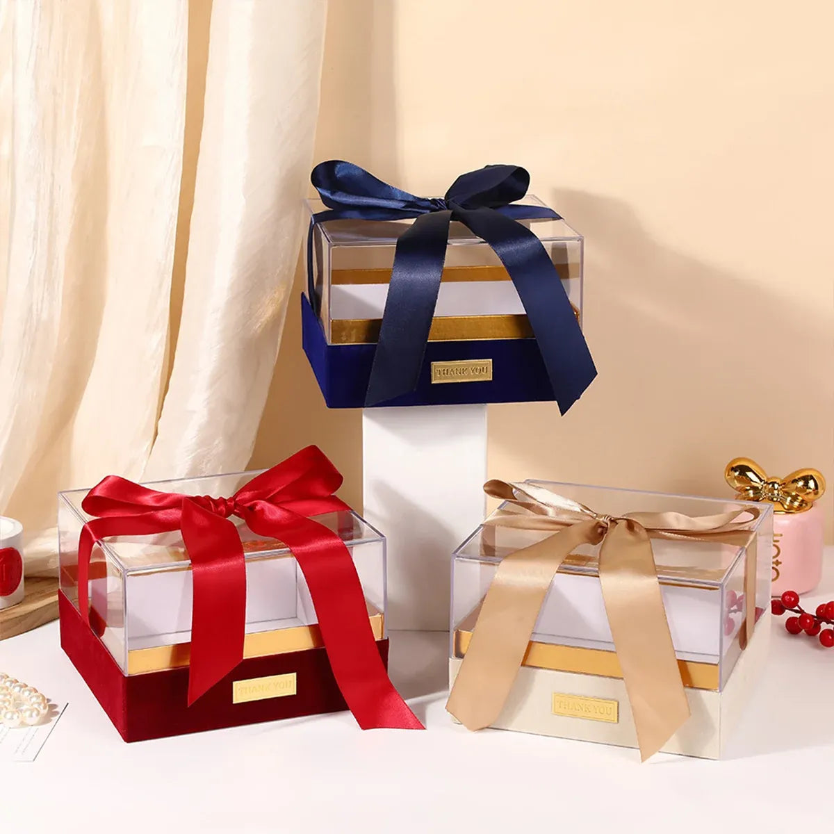 Acrylic Gift Box Clear Souvenir Display Case Bow Storage Container for Packaging - Red - L