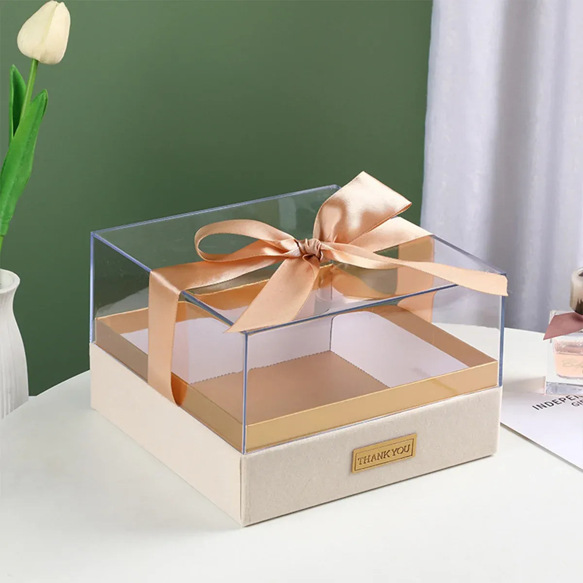 Acrylic Gift Box Clear Souvenir Display Case Bow Storage Container for Packaging - Red - M