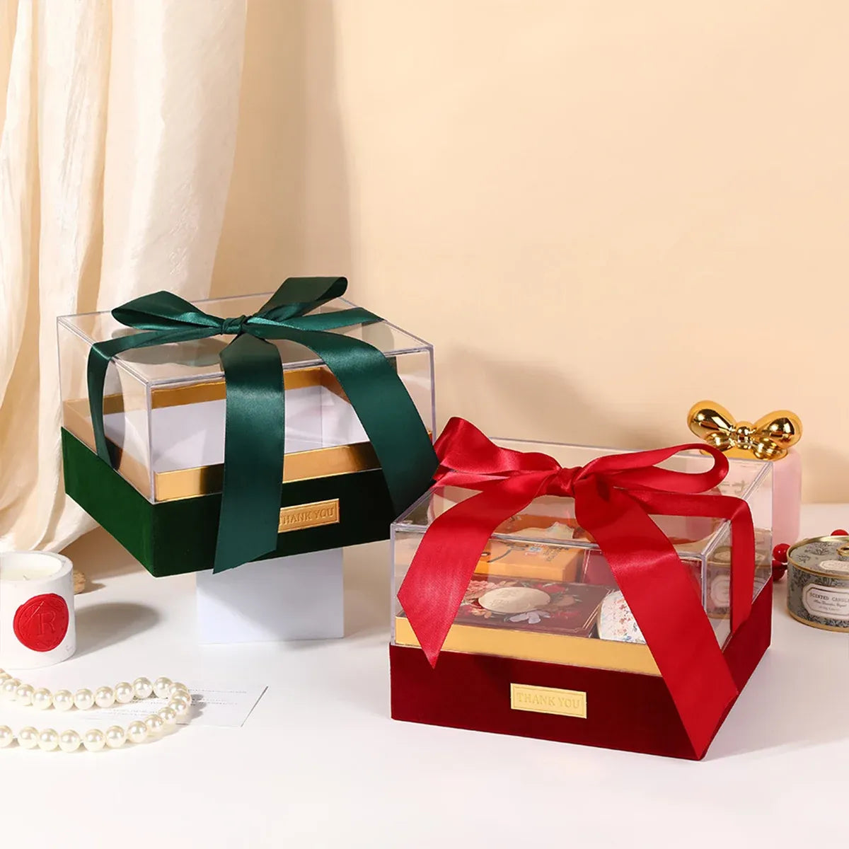 Acrylic Gift Box Clear Souvenir Display Case Bow Storage Container for Packaging - Red - M