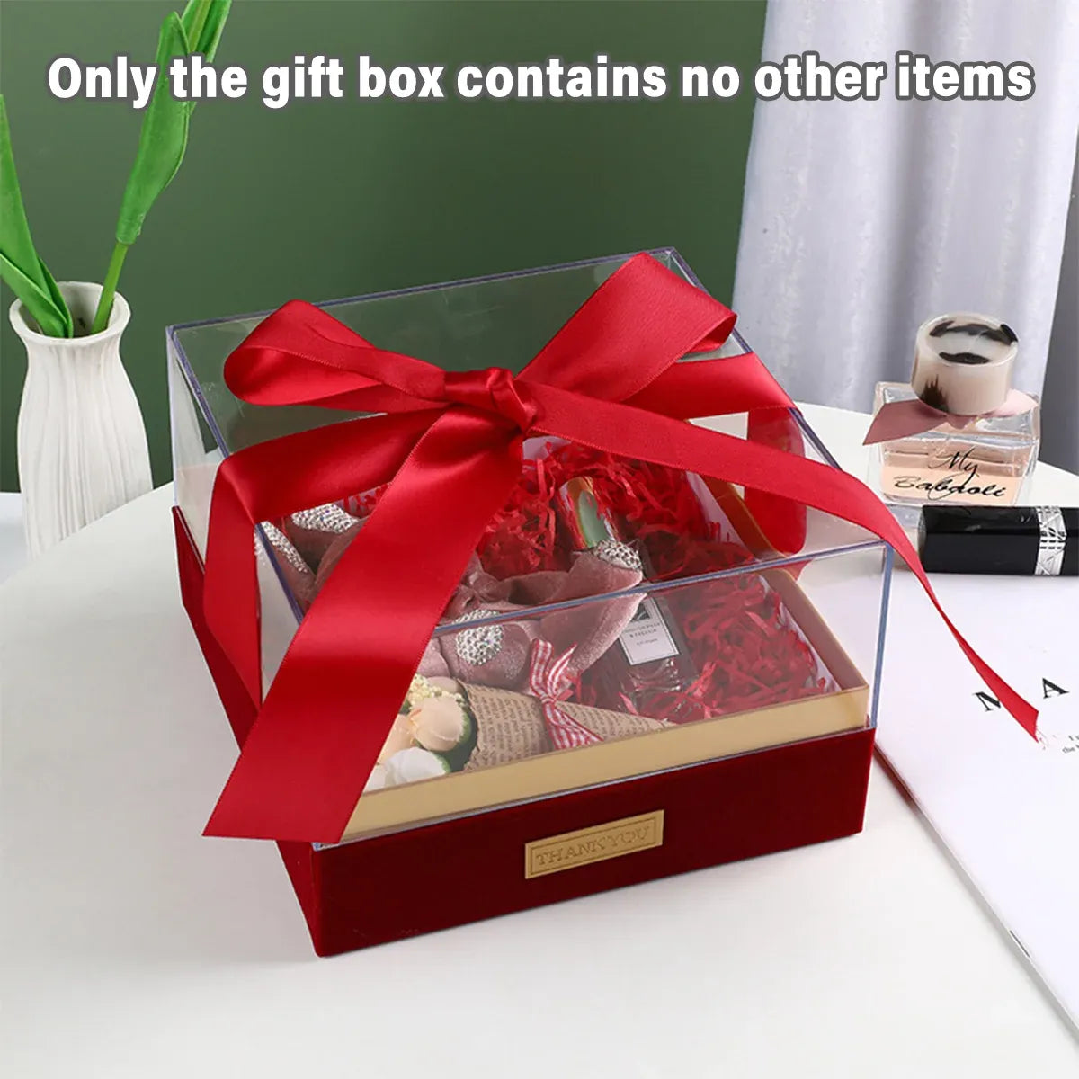 Acrylic Gift Box Clear Souvenir Display Case Bow Storage Container for Packaging - Red - M