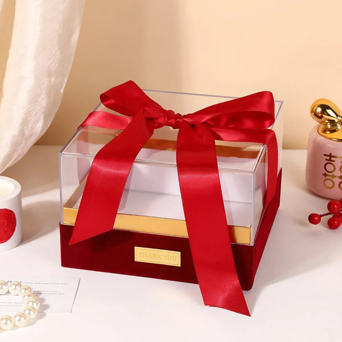Acrylic Gift Box Clear Souvenir Display Case Bow Storage Container for Packaging - Red - M