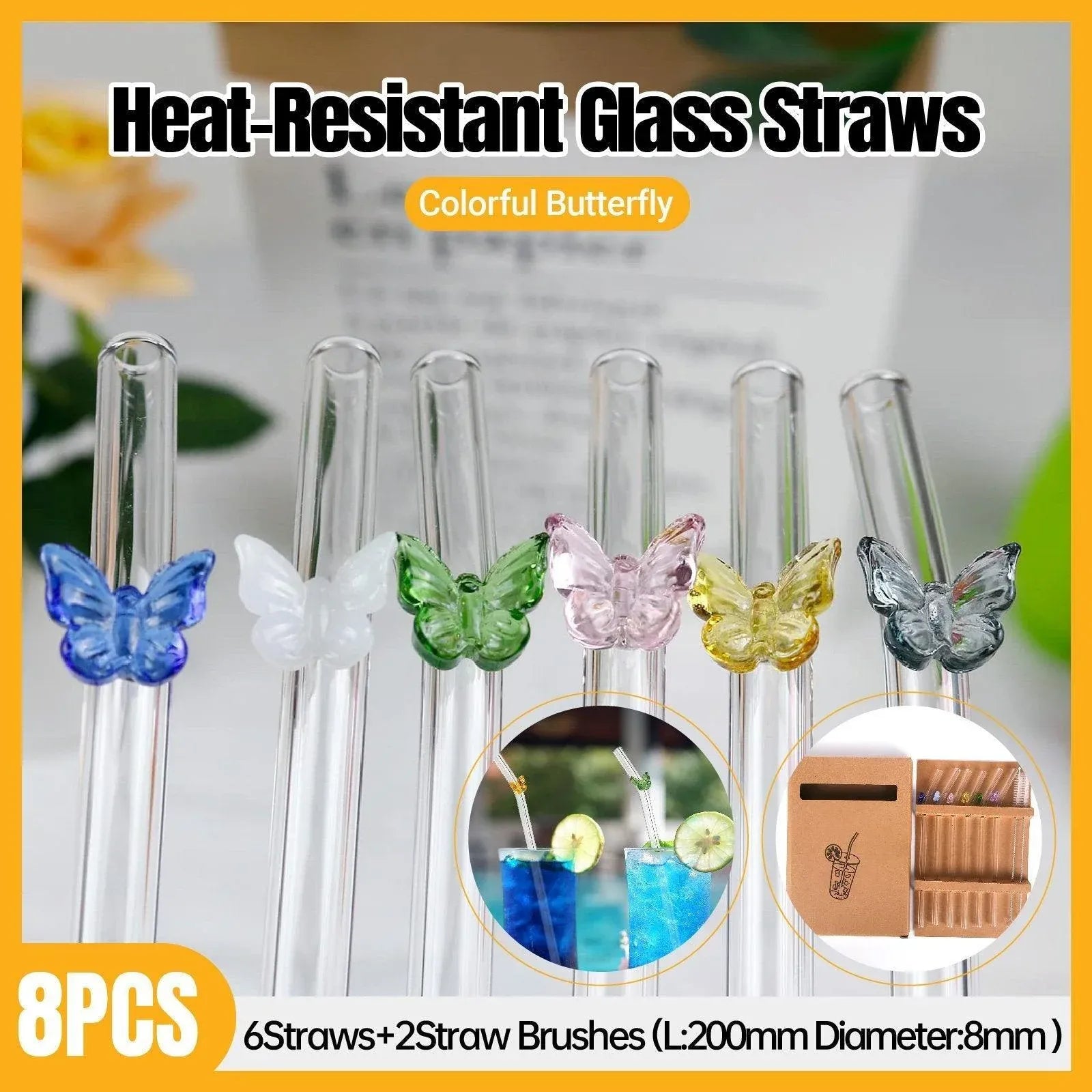 8pcs Colourful Butterfly Glass Straw Reusable Heat Resistant Proof MultiColours