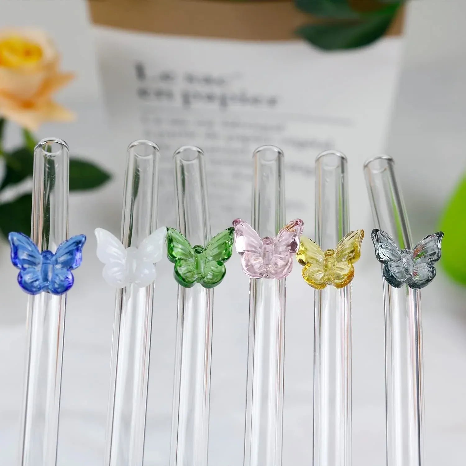 8pcs Colourful Butterfly Glass Straw Reusable Heat Resistant Proof MultiColours
