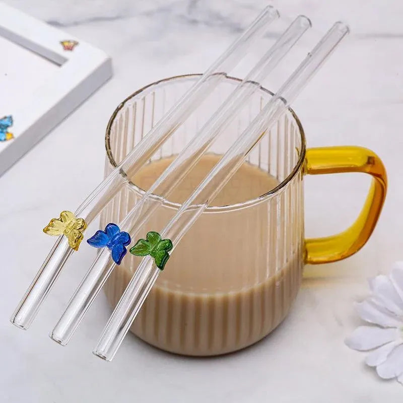 8pcs Colourful Butterfly Glass Straw Reusable Heat Resistant Proof MultiColours