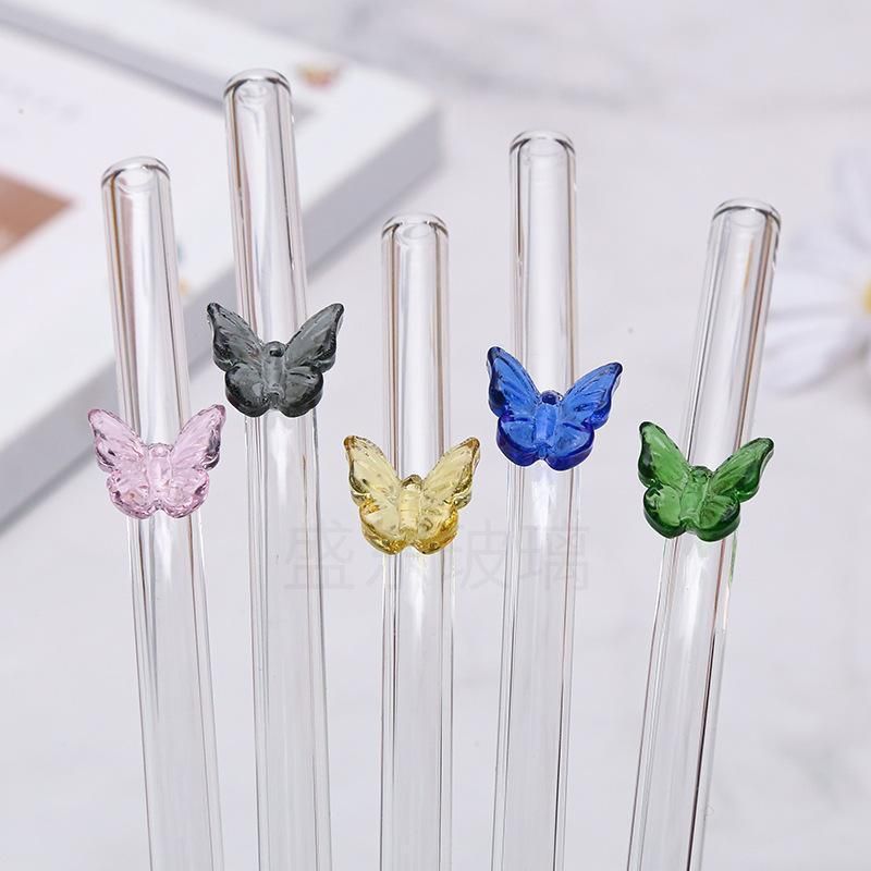 8pcs Colourful Butterfly Glass Straw Reusable Heat Resistant Proof MultiColours