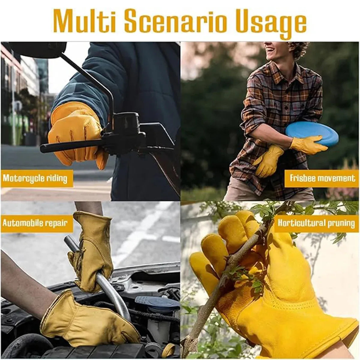 Golden Yellow Cowhide Work Gloves Full Finger Gardening DIY Home Maintenance Use - L