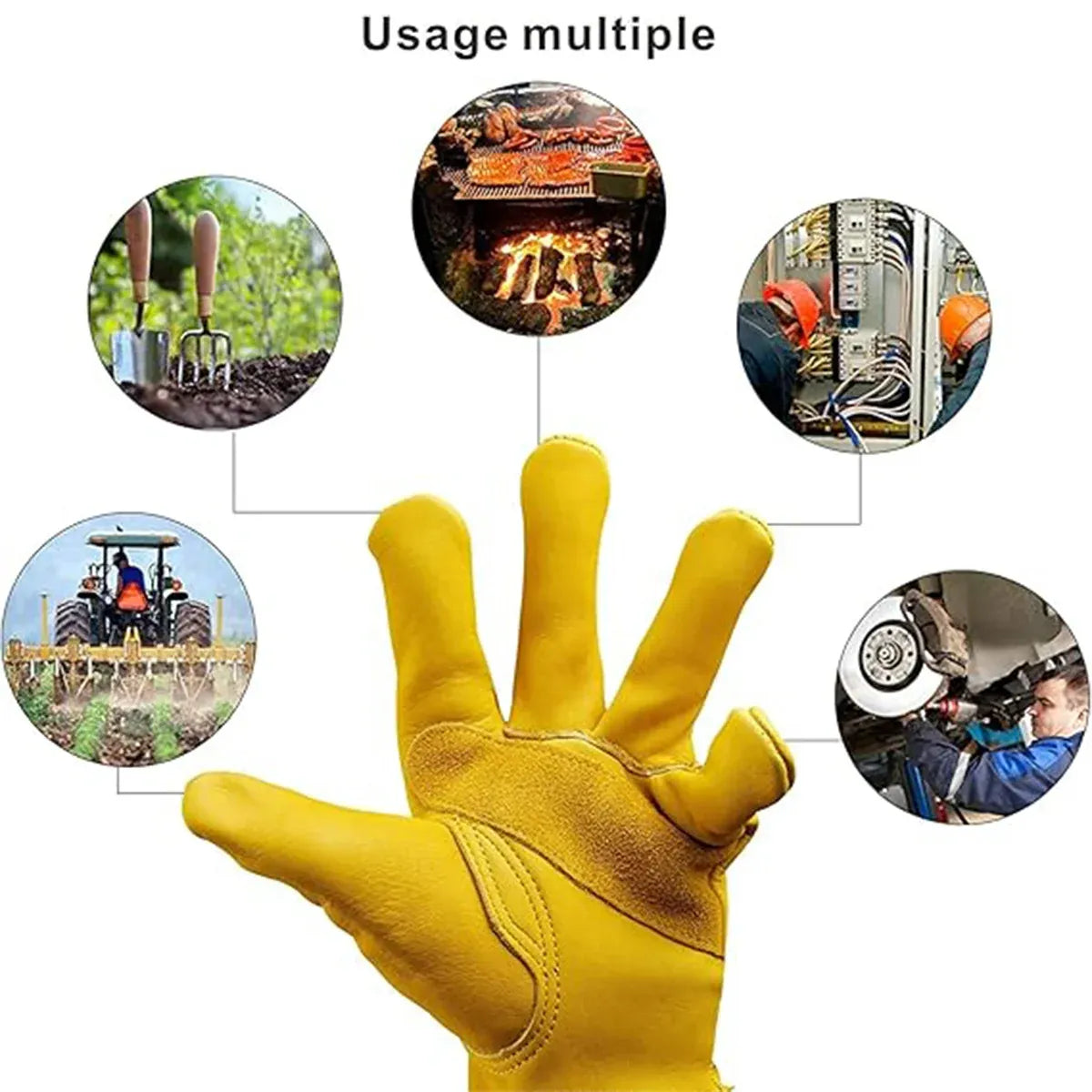 Golden Yellow Cowhide Work Gloves Full Finger Gardening DIY Home Maintenance Use - L
