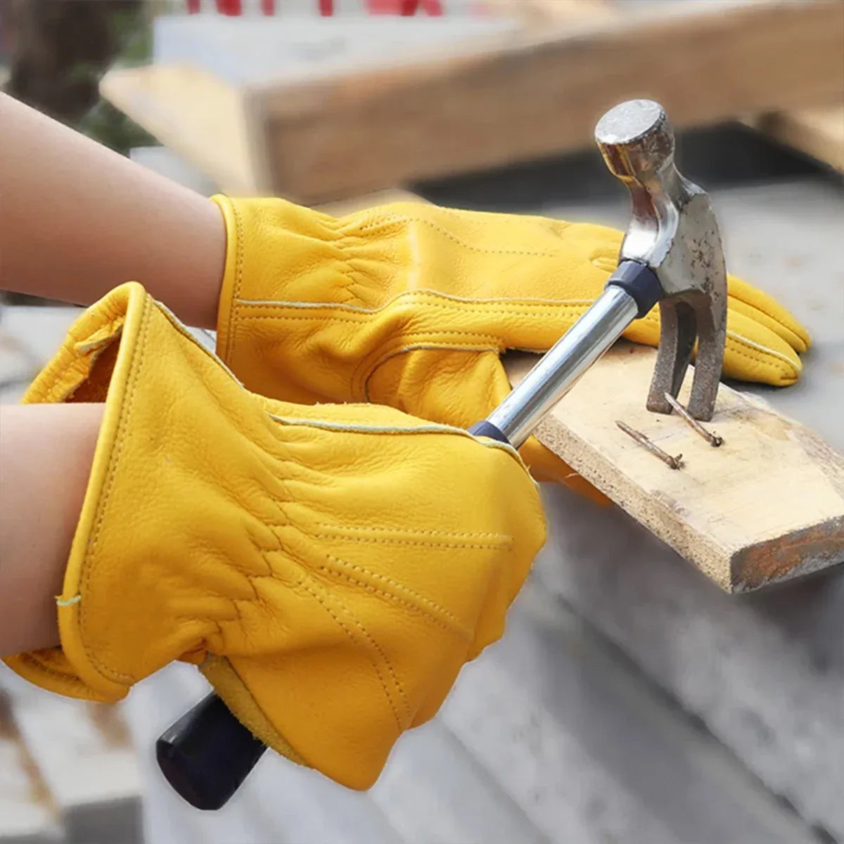 Golden Yellow Cowhide Work Gloves Full Finger Gardening DIY Home Maintenance Use - L