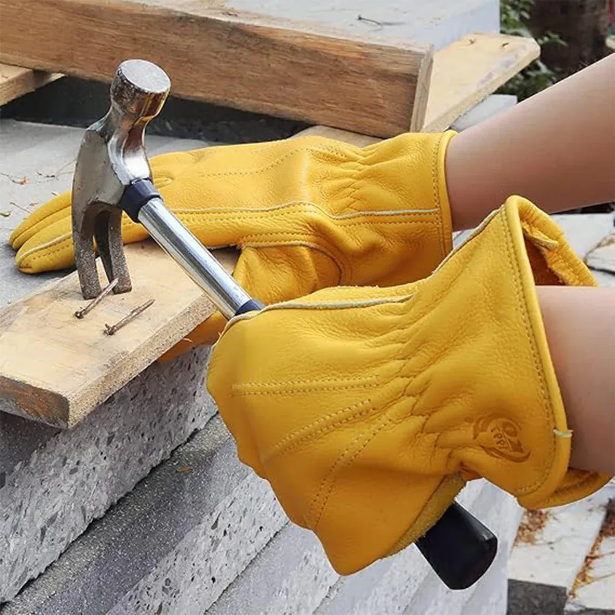 Golden Yellow Cowhide Work Gloves Full Finger Gardening DIY Home Maintenance Use - L