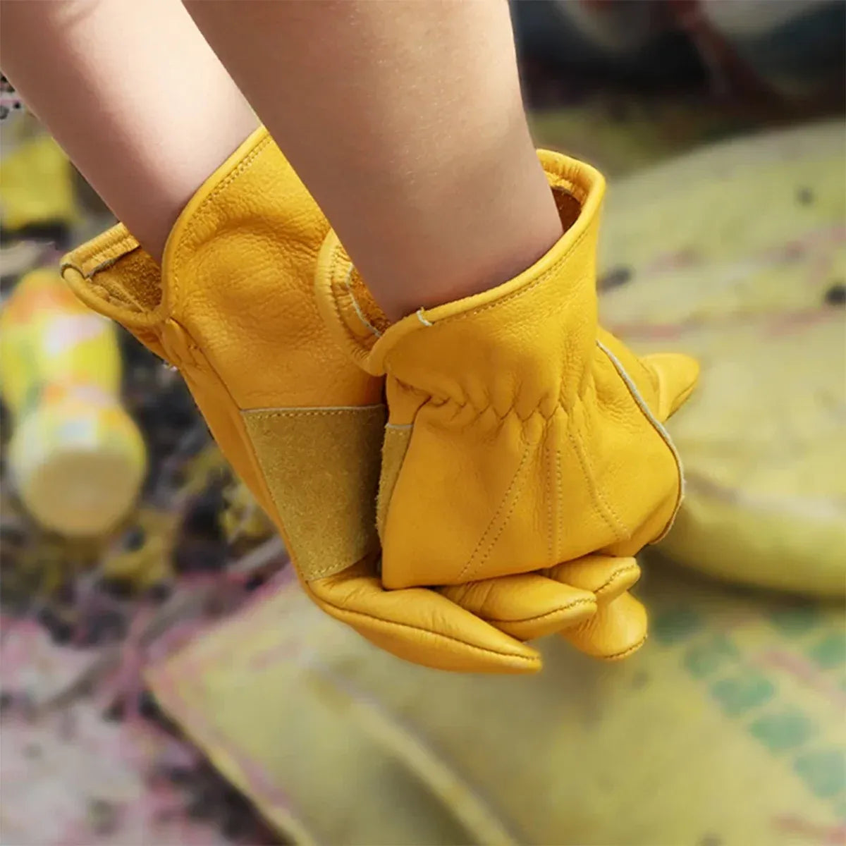 Golden Yellow Cowhide Work Gloves Full Finger Gardening DIY Home Maintenance Use - L