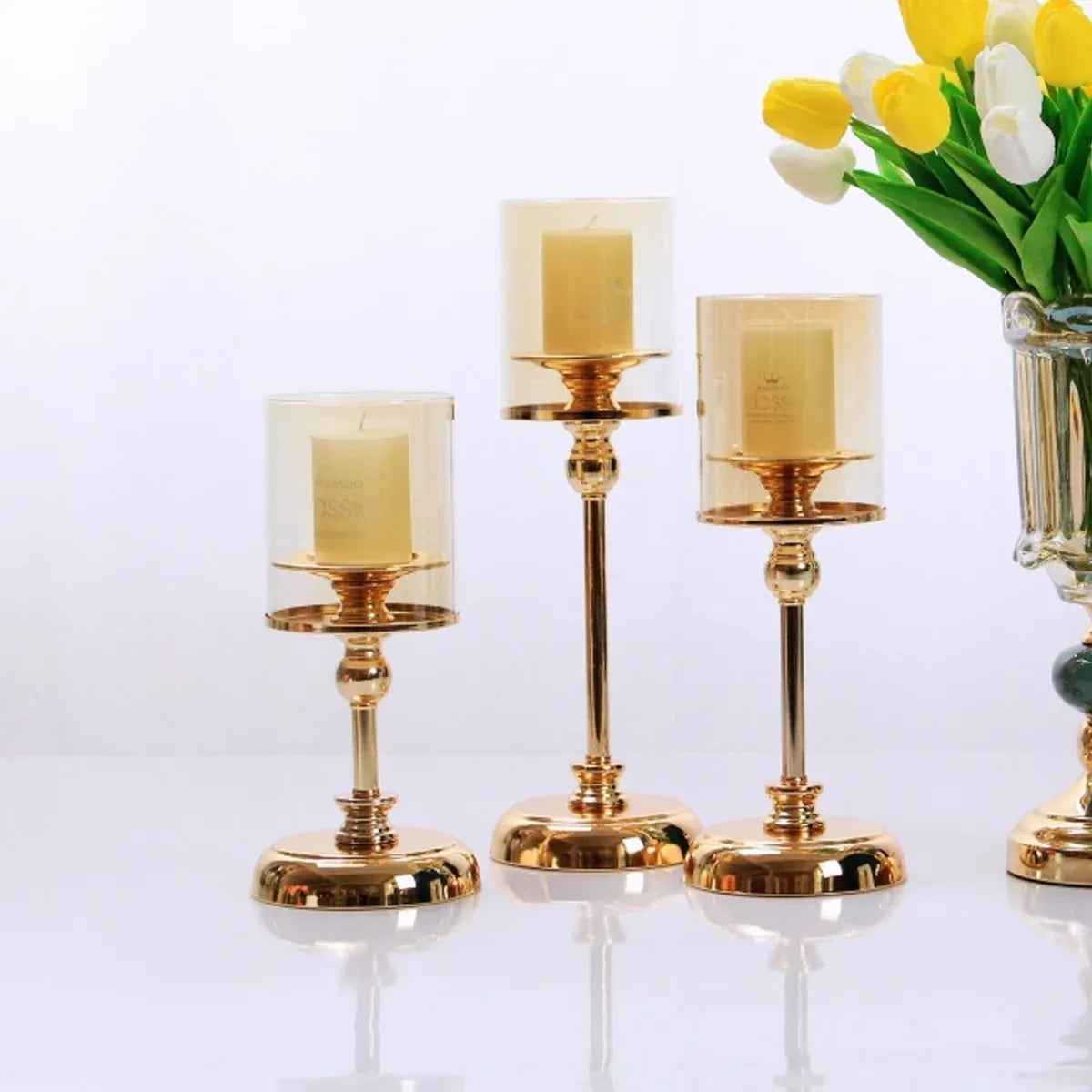 3PCS Light Luxury Style Candlestick Alloy and Glass Material Home Decor Durable