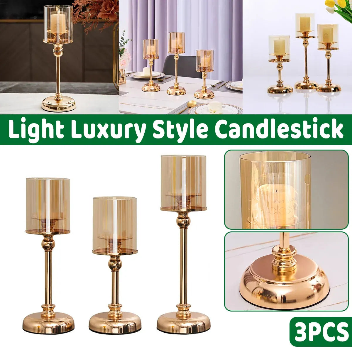 3PCS Light Luxury Style Candlestick Alloy and Glass Material Home Decor Durable