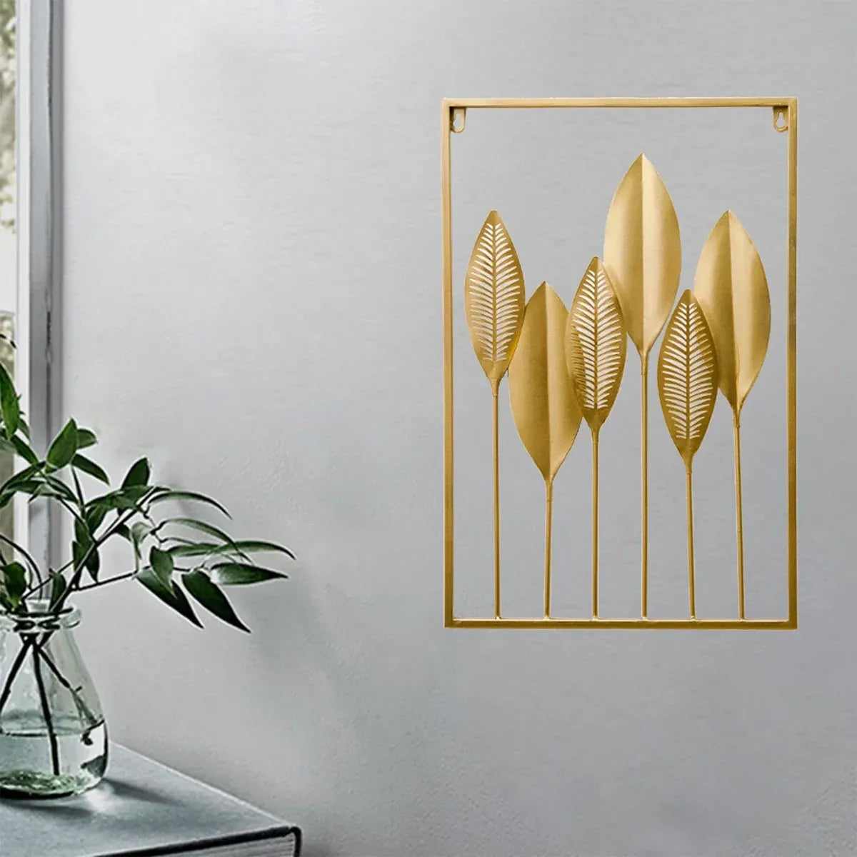 Metal Leaf Wall Hanging Decor Gold Iron Frame Living Room Porch 60 x 40cm