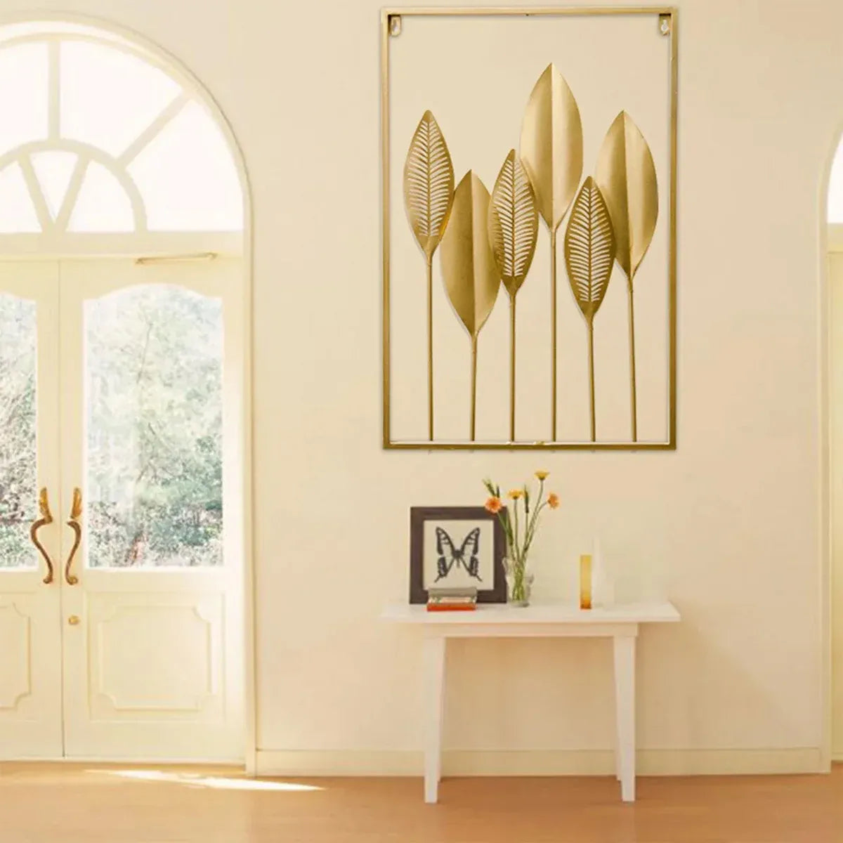 Metal Leaf Wall Hanging Decor Gold Iron Frame Living Room Porch 60 x 40cm