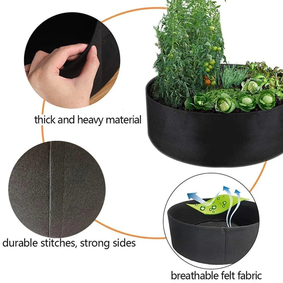 5x Felt Planting Bag Round Vegetable Garden Flower Seedling Grow Bags for Plants - Black-90*30cm